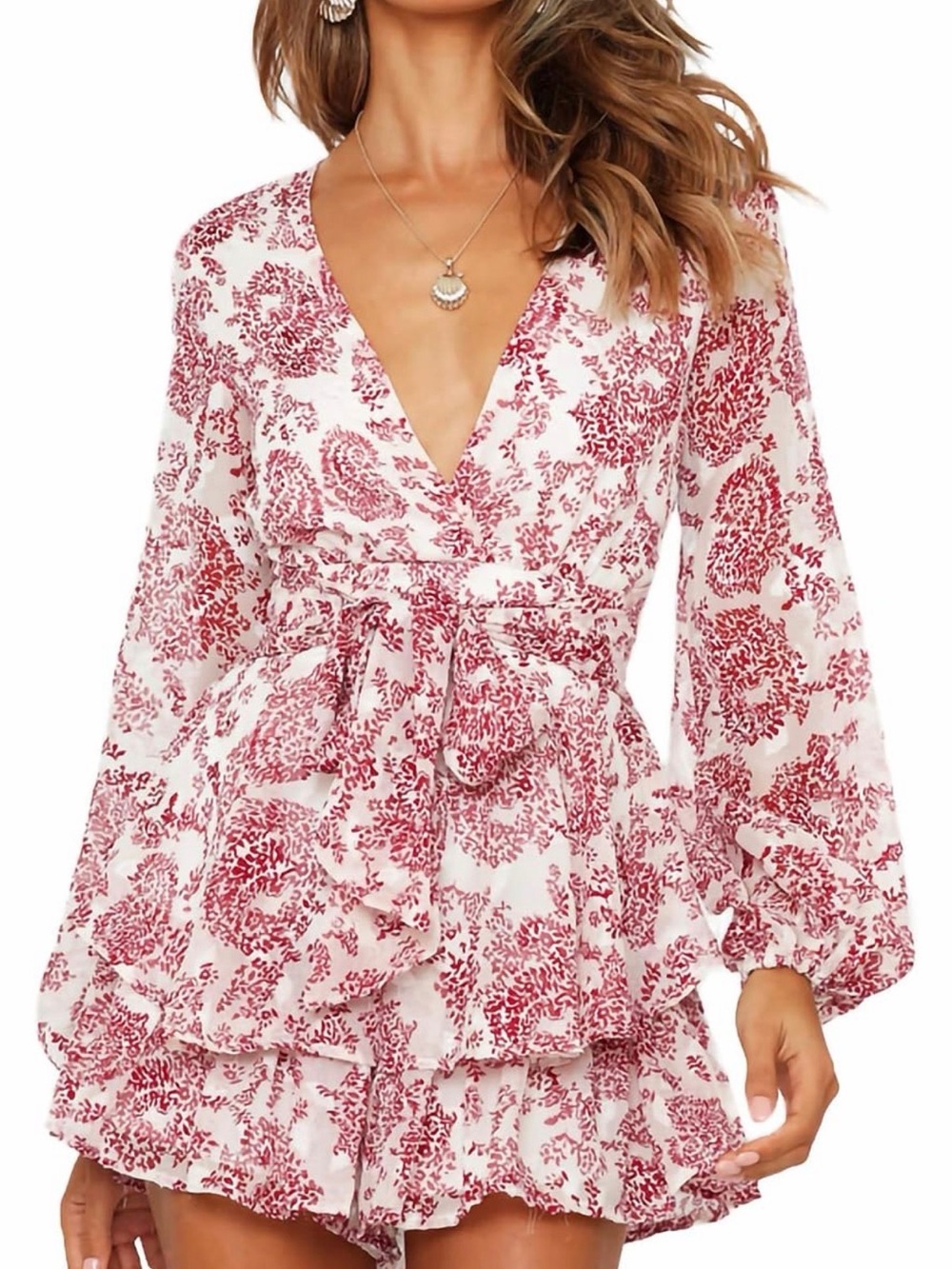 White and Red Floral Wrap Romper
